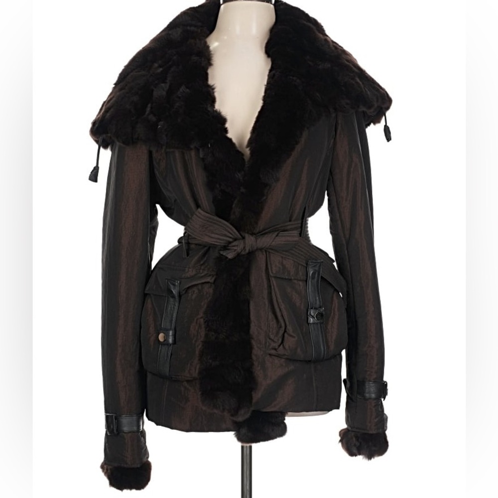 Damselle New York Real Rabbit Fur Trim Iridescent Y2K Coat - Picture 2 of 7